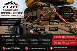 Elite Logistics driver securing heavy equipment on a flatbed trailer using DOT-approved chains and binders.