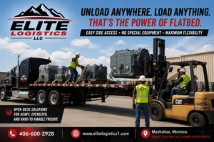 Forklift unloading freight from an Elite Logistics flatbed trailer.