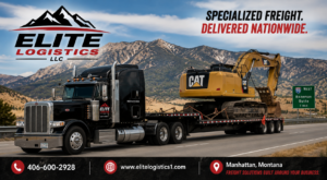 Flatbed trucking by Elite Logistics LLC transporting heavy equipment on a nationwide highway.