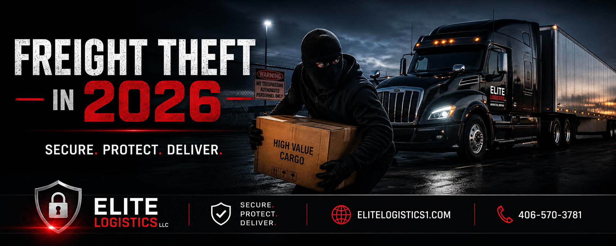 Freight Theft in 2026 banner featuring an Elite Logistics semi-truck, a cargo theft scene, and security messaging about protecting high-value freight shipments.