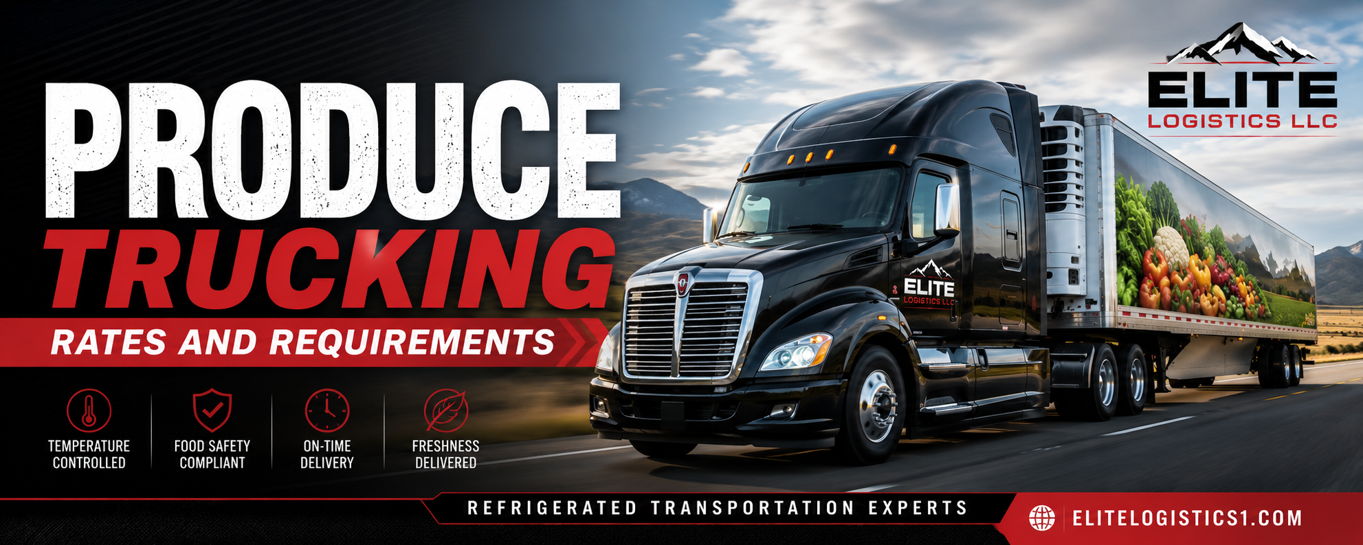 Elite Logistics LLC refrigerated produce semi-truck hauling fresh vegetables with the text "Produce Trucking Rates and Requirements" promoting produce transportation services.
