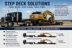 Step deck trailer hauling a large excavator, demonstrating how the lower deck configuration keeps construction machinery within legal height limits to help avoid overheight permit requirements.