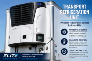 Close-up of a transport refrigeration unit mounted on the front of a refrigerated semi-trailer, illustrating how temperature-controlled freight is maintained during transit. Elite Logistics provides precision refrigerated trucking services for food, produce, pharmaceuticals, and other temperature-sensitive cargo.