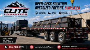 Flatbed trucking trailer loaded with structural steel by Elite Logistics LLC.