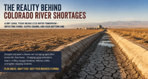 Cracked dry irrigation canal crossing a fallow Southwest farm field, illustrating Colorado River shortages, water cutbacks, and impacts on agriculture and shipping.