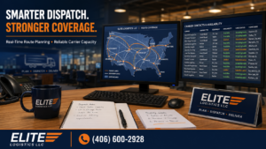 Elite Logistics dispatch desk with nationwide route map, carrier availability spreadsheet, notepad, and coffee cup.