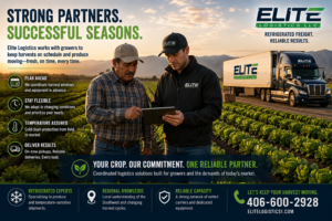 Grower and Elite Logistics coordinator reviewing a harvest and reefer pickup schedule on a tablet with an Elite refrigerated truck near the field.