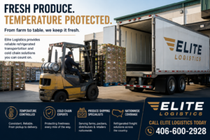 Forklift loading palletized produce crates into an Elite Logistics refrigerated trailer at a produce packing facility, illustrating temperature-controlled freight and nationwide cold chain shipping.