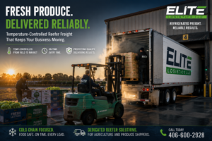 Elite Logistics refrigerated trailer at a produce packing shed as workers load pallets of fresh produce in early morning cold vapor.