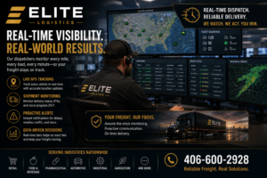 Elite Logistics dispatcher monitoring GPS fleet tracking screens for real-time freight shipment visibility, delivery status, traffic, weather, and route updates.