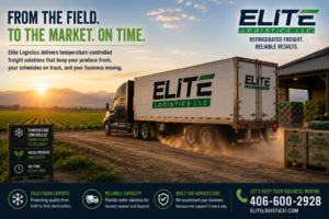 Elite Logistics refrigerated trailer leaving a farm loading area at sunrise with fresh produce fields and mountains, representing reliable farm-to-market reefer freight.
