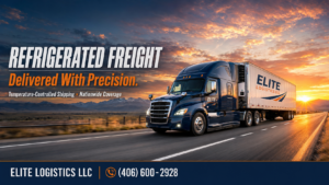 Elite Logistics refrigerated semi-truck traveling on an interstate at sunrise with nationwide freight service information.