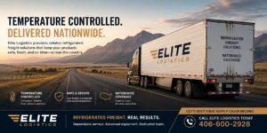 Elite Logistics refrigerated freight truck traveling on a mountain highway promoting nationwide temperature-controlled shipping services with reliable cold chain transportation and refrigerated freight solutions.