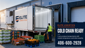 Elite Logistics white refrigerated trailer with a Thermo King cooling unit ready to load palletized fresh produce.