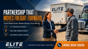 Elite Logistics professionals shaking hands beside a truck fleet, representing trusted nationwide freight partnerships.