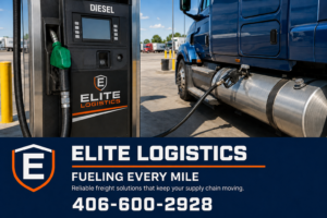 Elite Logistics diesel dispenser fueling a blue semi-truck at a truck stop in bright daylight.