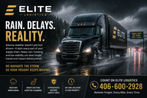 Elite Logistics semi-truck traveling through heavy rain on a highway, illustrating freight shipping delays caused by severe weather and wet road conditions.