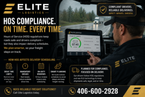 Elite Logistics truck driver checking an electronic logging device for remaining Hours of Service drive time, showing how HOS compliance affects freight delivery scheduling.