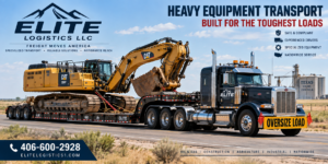 Elite Logistics heavy equipment transport truck hauling a yellow tracked excavator on a lowboy trailer across Texas with chains and securement straps.