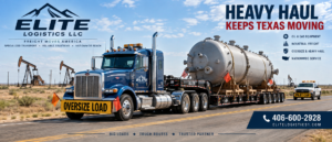 Elite Logistics heavy haul truck transporting an oversized industrial vessel on a West Texas highway with pilot car escort and oil field pump jacks.