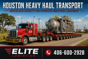 Red Elite Logistics platform trailer transporting massive industrial equipment on a two-lane highway near Houston, Texas.