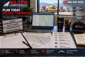 Elite Logistics multi-state oversized load permit and route planning office with heavy haul permits, route maps, pilot car requirements, and nationwide transportation routing software.