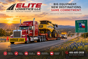 Elite Logistics heavy haul truck transporting oversized yellow farm equipment on a Texas highway with a pilot car and oversized load banner at golden hour.