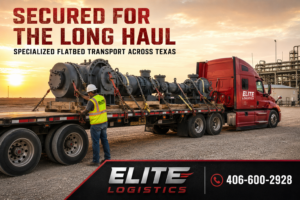 Elite Logistics driver checking tie-down chains on large steel machinery loaded onto a heavy-duty flatbed trailer at a Texas industrial site.