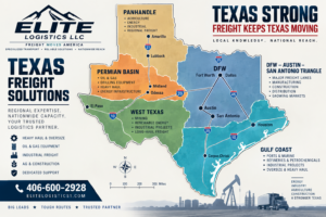 Elite Logistics Texas freight map showing West Texas, Permian Basin, Panhandle, Gulf Coast, and DFW, Austin and San Antonio heavy haul service regions.