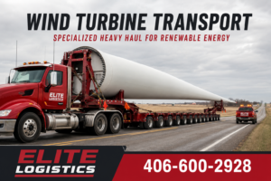 Elite Logistics heavy-haul truck transporting a massive white wind turbine blade with an amber-light escort vehicle on a rural highway.