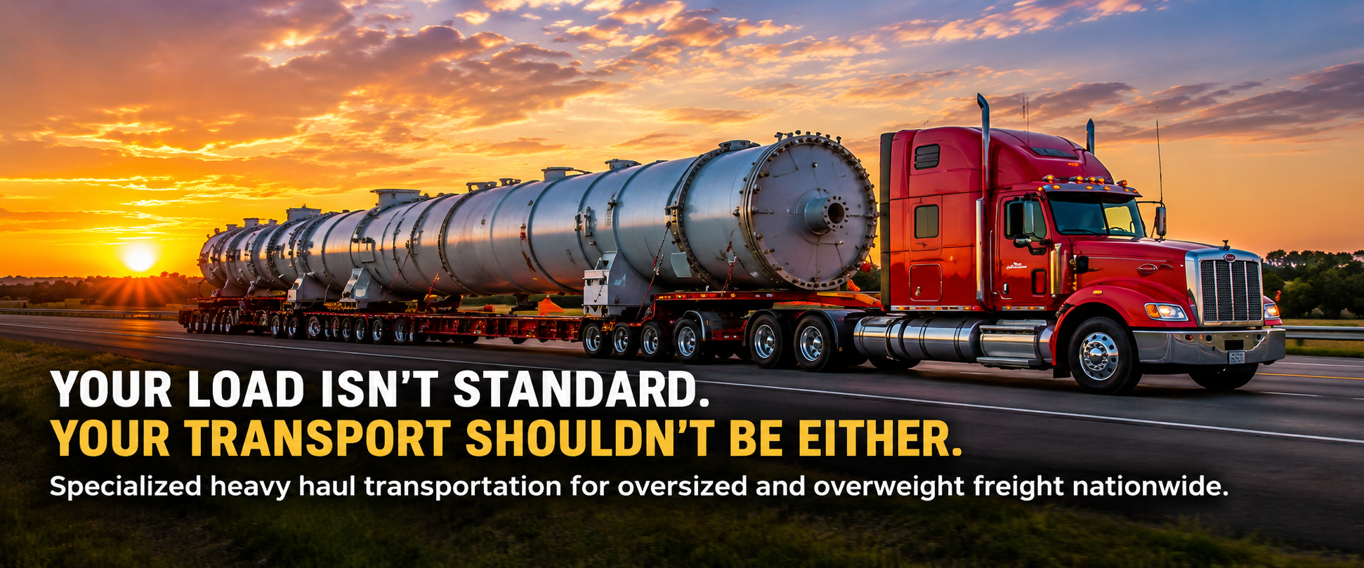 Red semi hauling a massive steel pressure vessel on a long multi-axle heavy haul trailer at sunset with the headline "Your Load Isn't Standard. Your Transport Shouldn't Be Either." for specialized heavy haul transportation