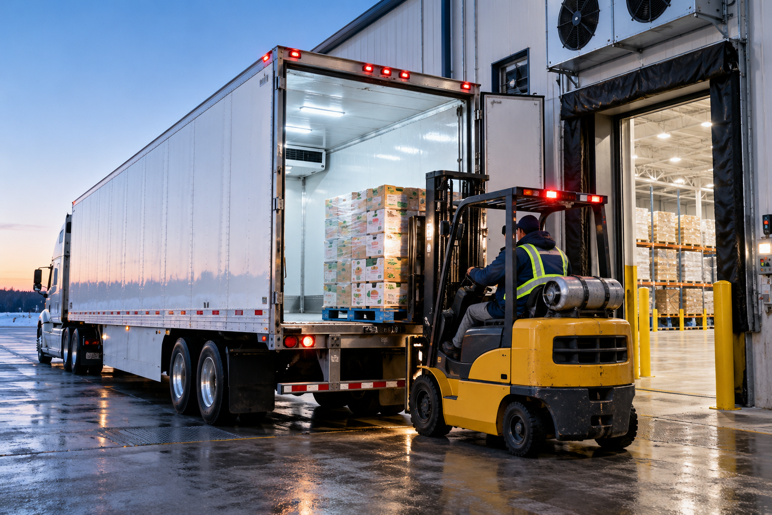 Forklift operator loading palletized produce into a refrigerated reefer trailer at a cold storage warehouse dock, part of the cold chain process for temperature-controlled freight