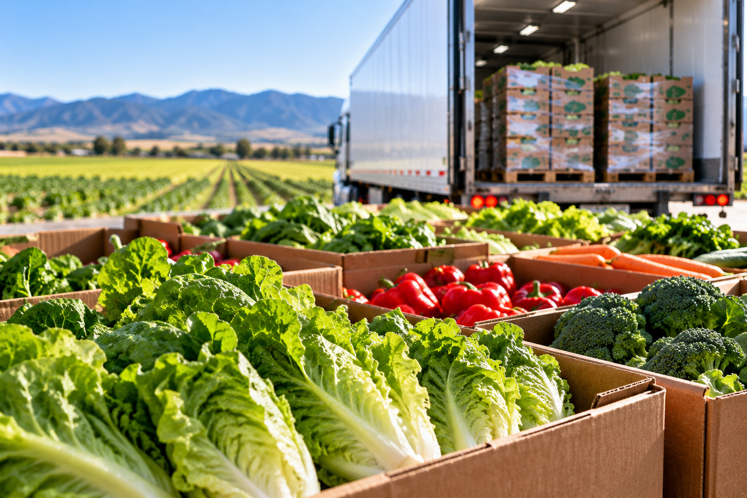 Boxes of fresh romaine lettuce, red bell peppers, broccoli and carrots beside an open refrigerated reefer trailer loaded with palletized produce at a farm field, ready for temperature-controlled shipping