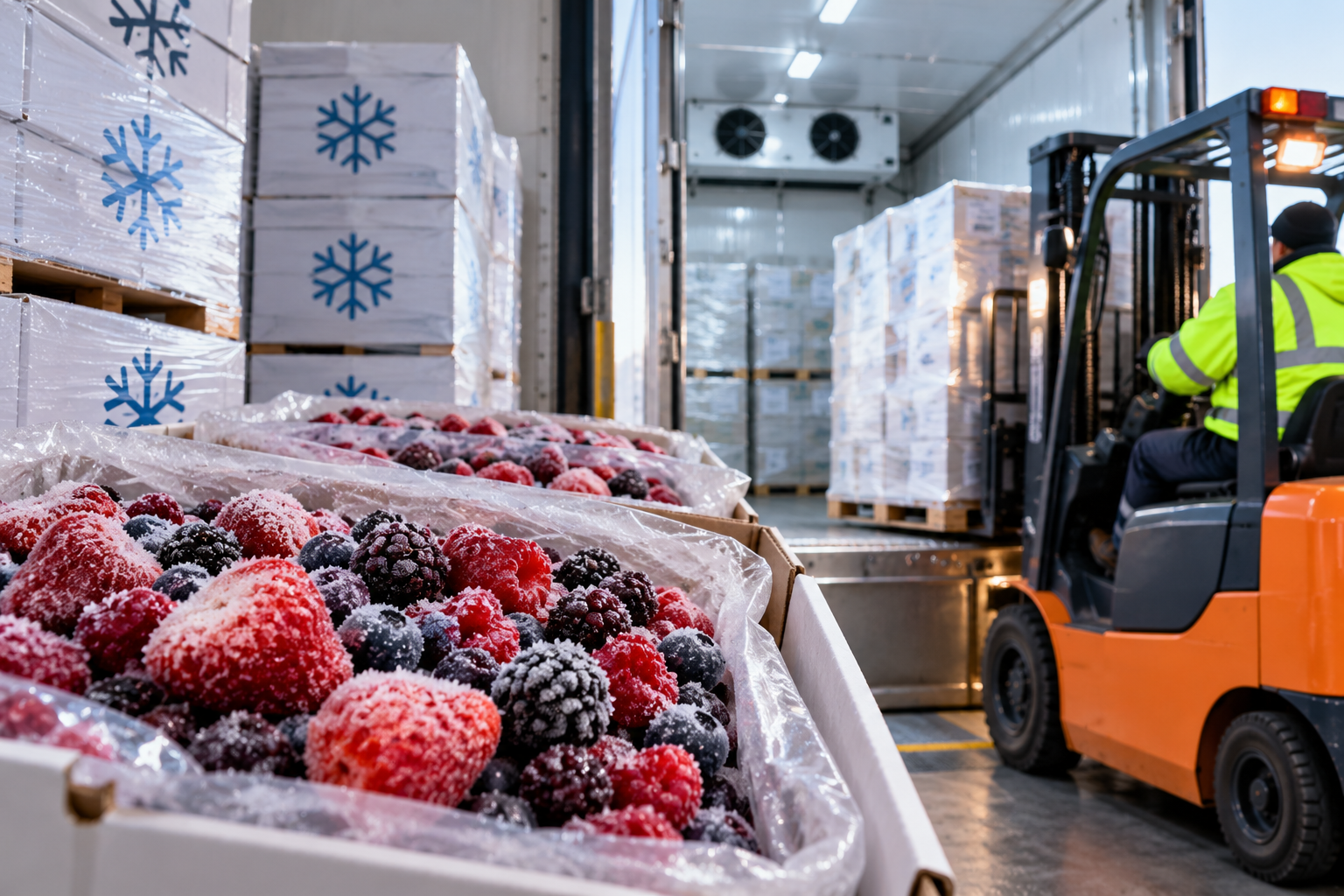Bins of frozen strawberries, raspberries, blackberries and blueberries beside snowflake-marked frozen food pallets, as a forklift operator loads a refrigerated reefer trailer at a cold storage dock