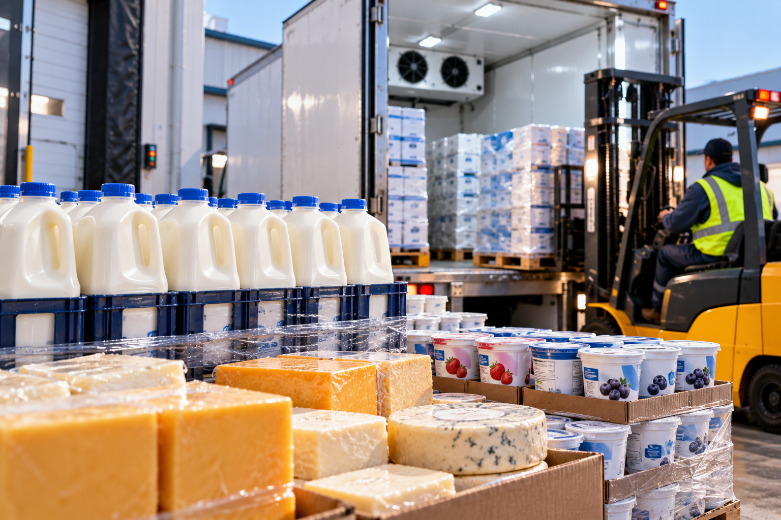 Gallon jugs of milk in crates, blocks of cheddar and blue cheese, and cases of yogurt on pallets as a forklift operator loads a refrigerated reefer trailer at a cold storage dock