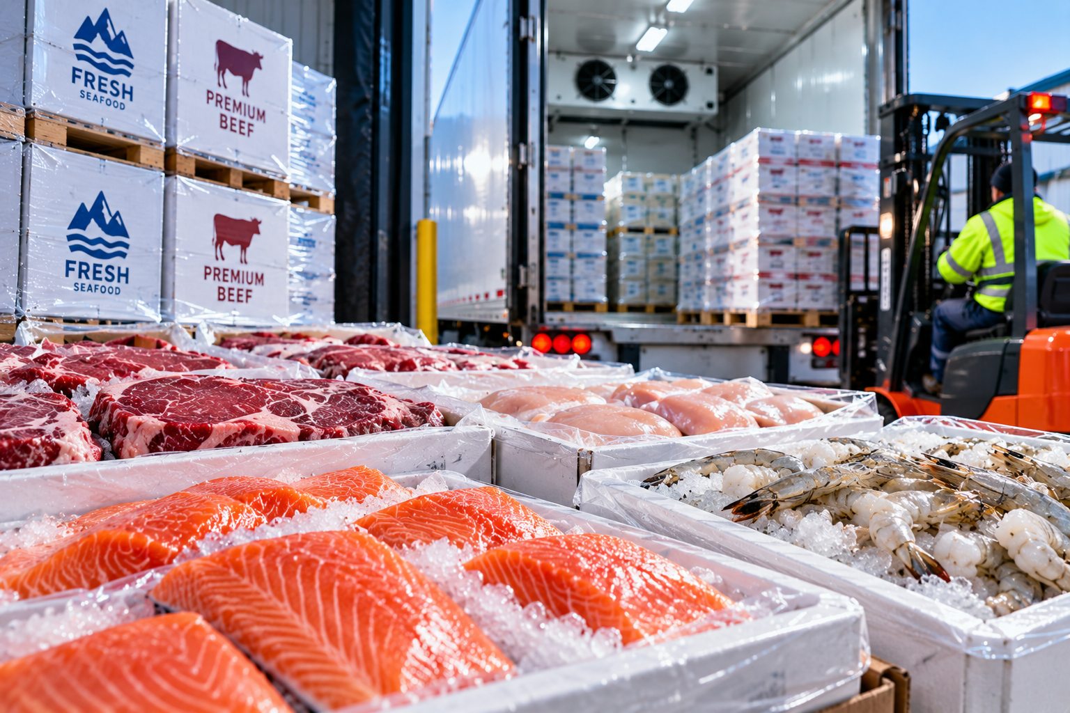 Iced salmon fillets, raw shrimp, marbled beef steaks and chicken breasts in packed bins beside seafood and beef pallets, as a forklift operator loads a refrigerated reefer trailer at a cold storage dock