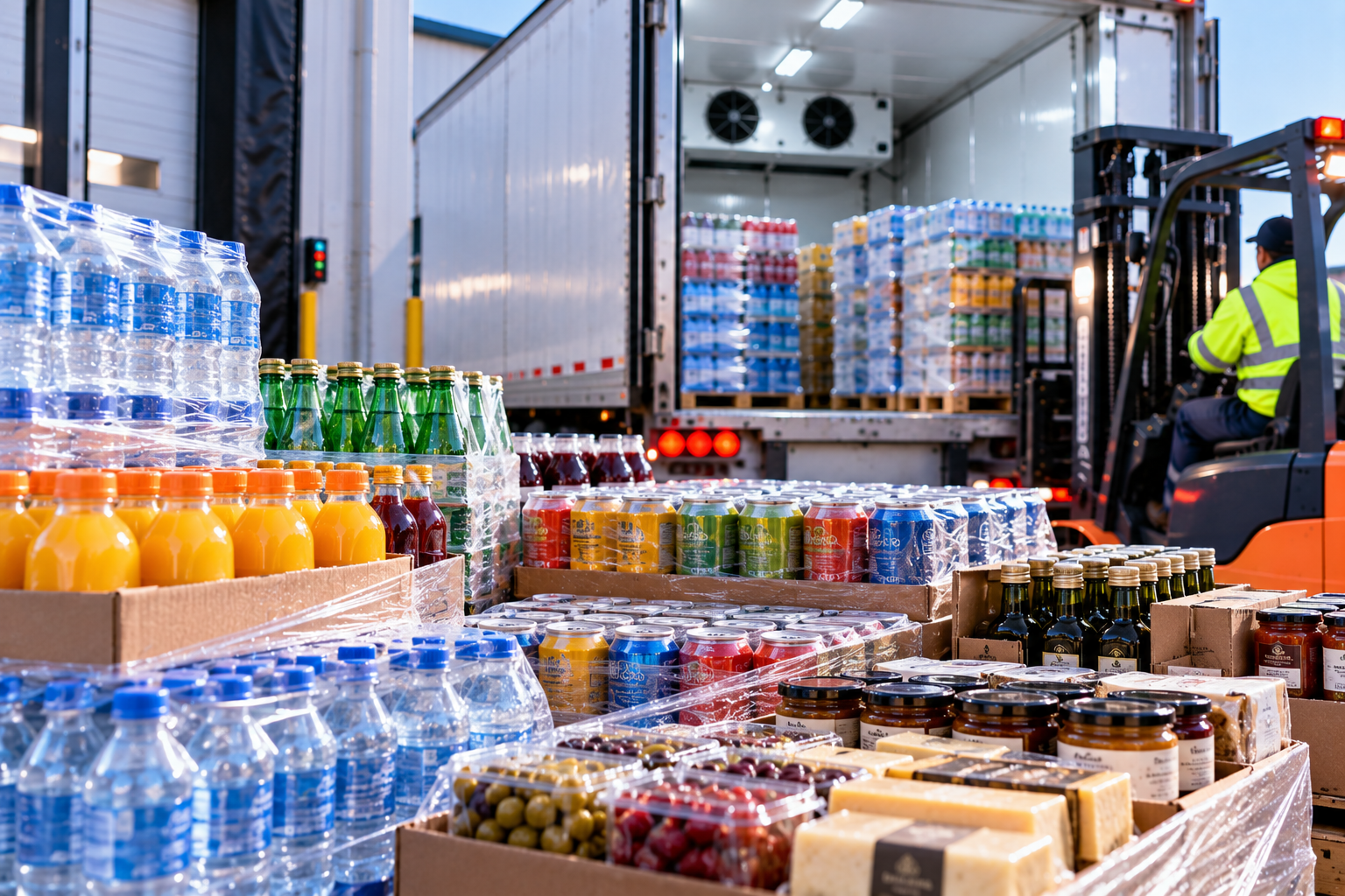 Shrink-wrapped cases of bottled water, orange juice, sparkling water and canned drinks beside olives, jarred sauces, olive oil and specialty cheeses, as a forklift operator loads beverage pallets into a refrigerated reefer trailer