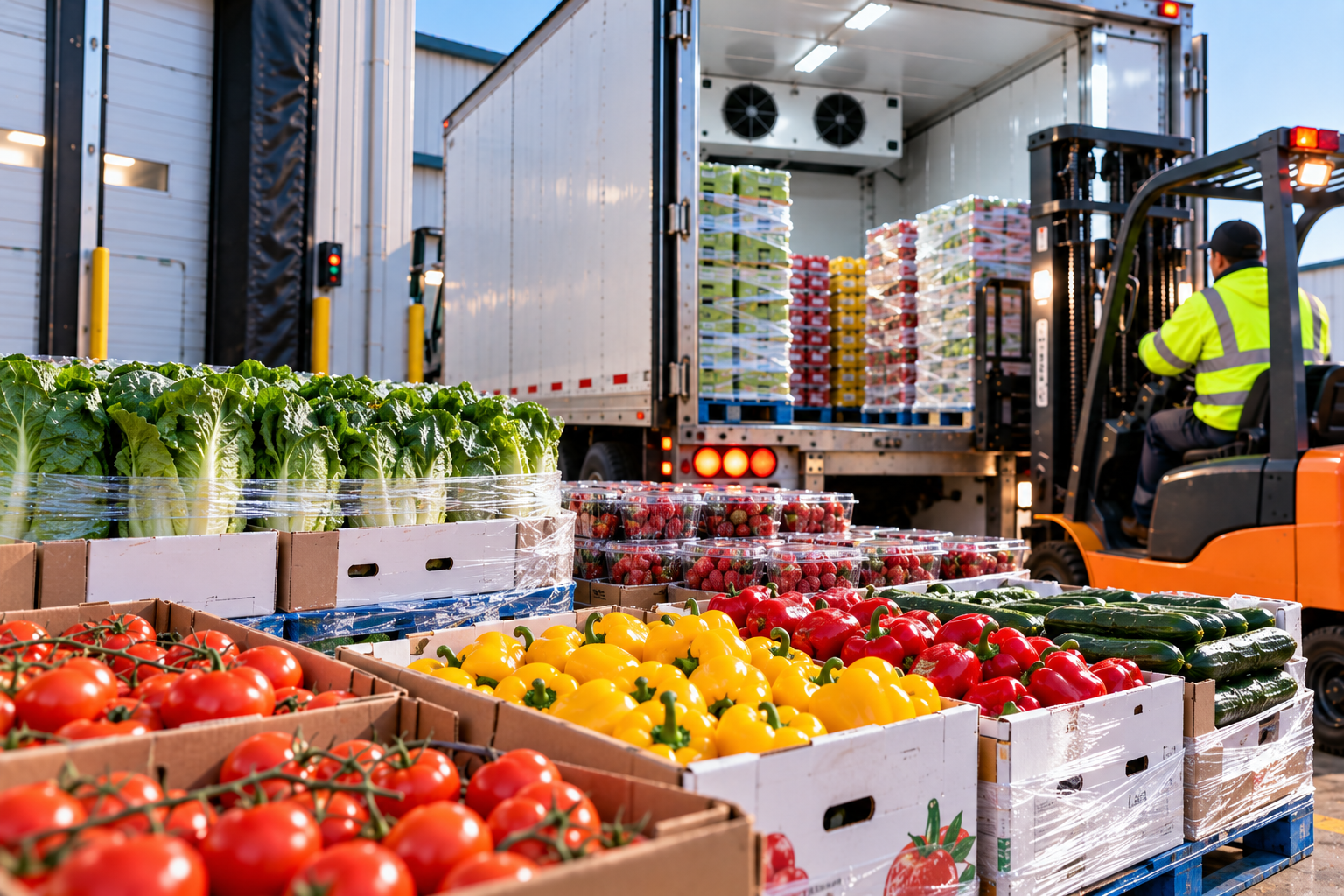 Boxes of vine tomatoes, red and yellow bell peppers, cucumbers, romaine lettuce and clamshell strawberries on pallets at a warehouse dock, as a forklift operator loads a full refrigerated reefer trailer