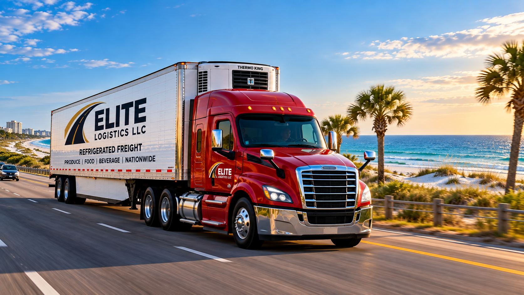 Red Elite Logistics LLC tractor pulling a white refrigerated trailer labeled Refrigerated Freight – Produce, Food, Beverage, Nationwide along a coastal highway with palm trees, beach and ocean at sunset