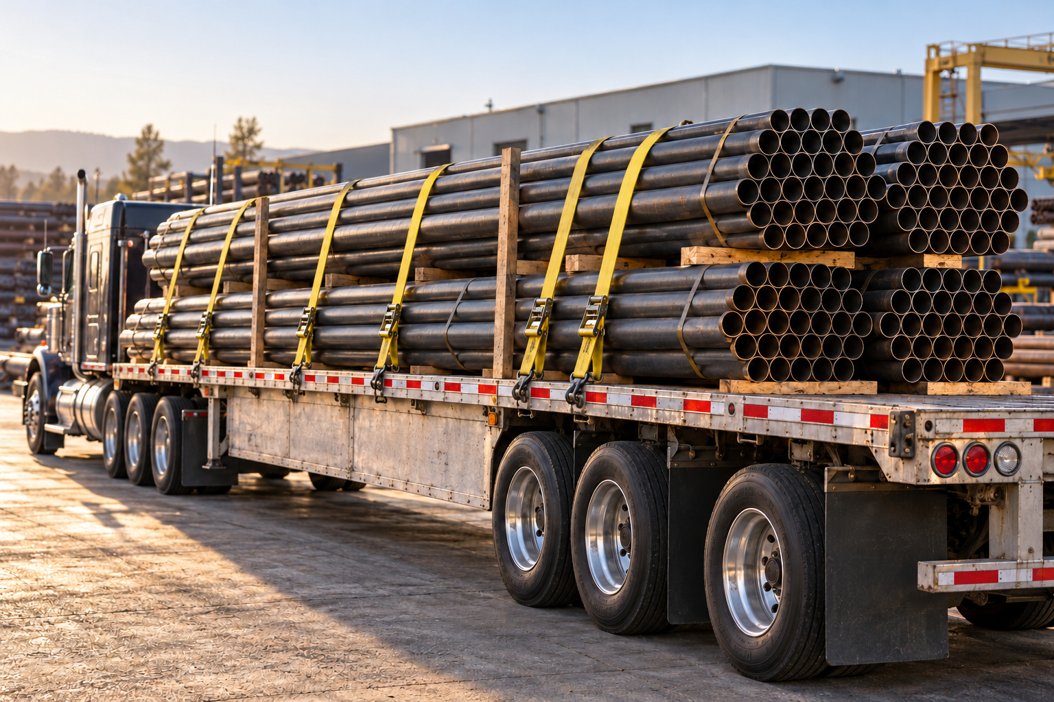 Bundles of steel pipe secured with yellow straps on a flatbed trailer in an industrial yard.