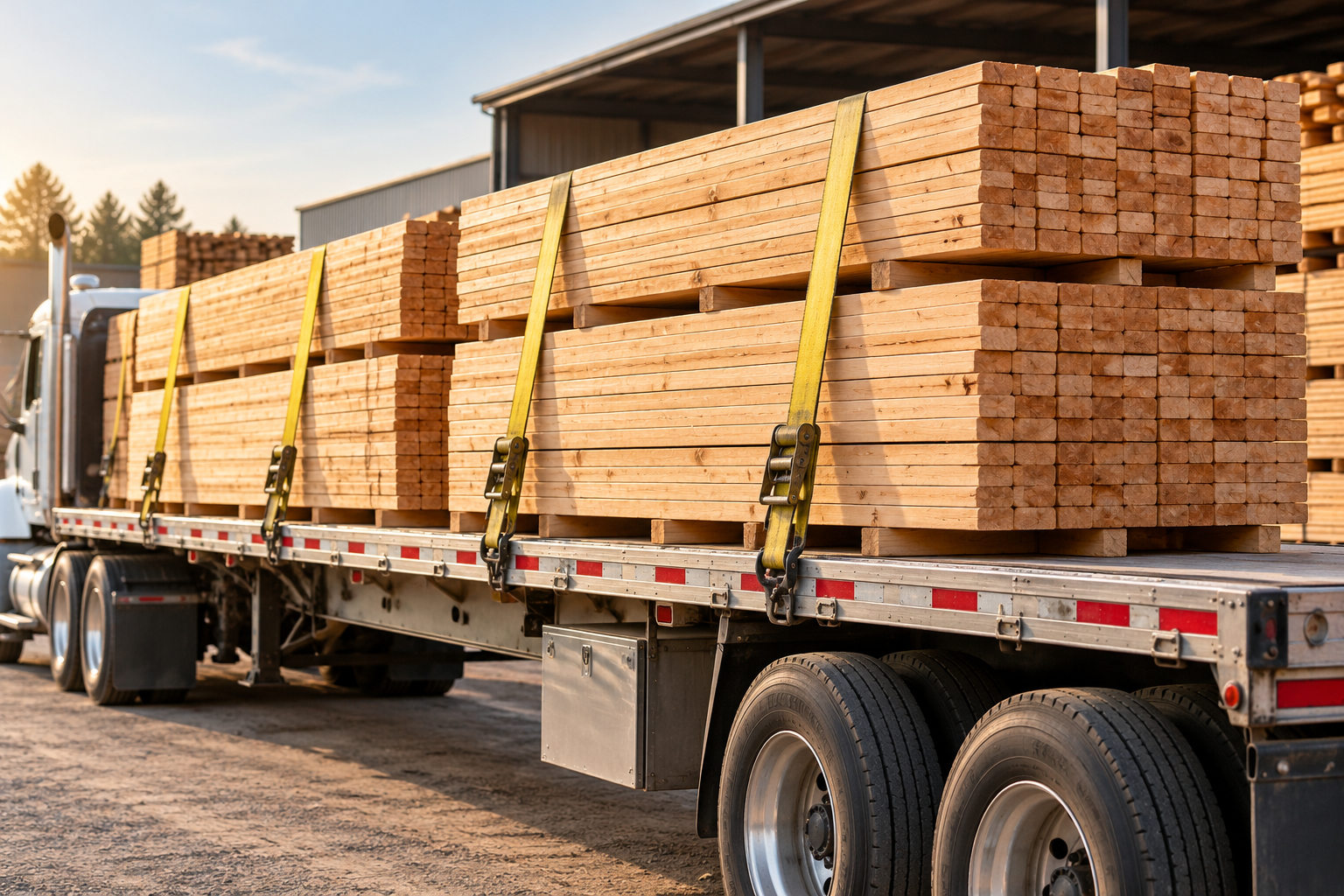 Bundles of construction lumber secured with yellow straps on a flatbed trailer in a lumber yard.