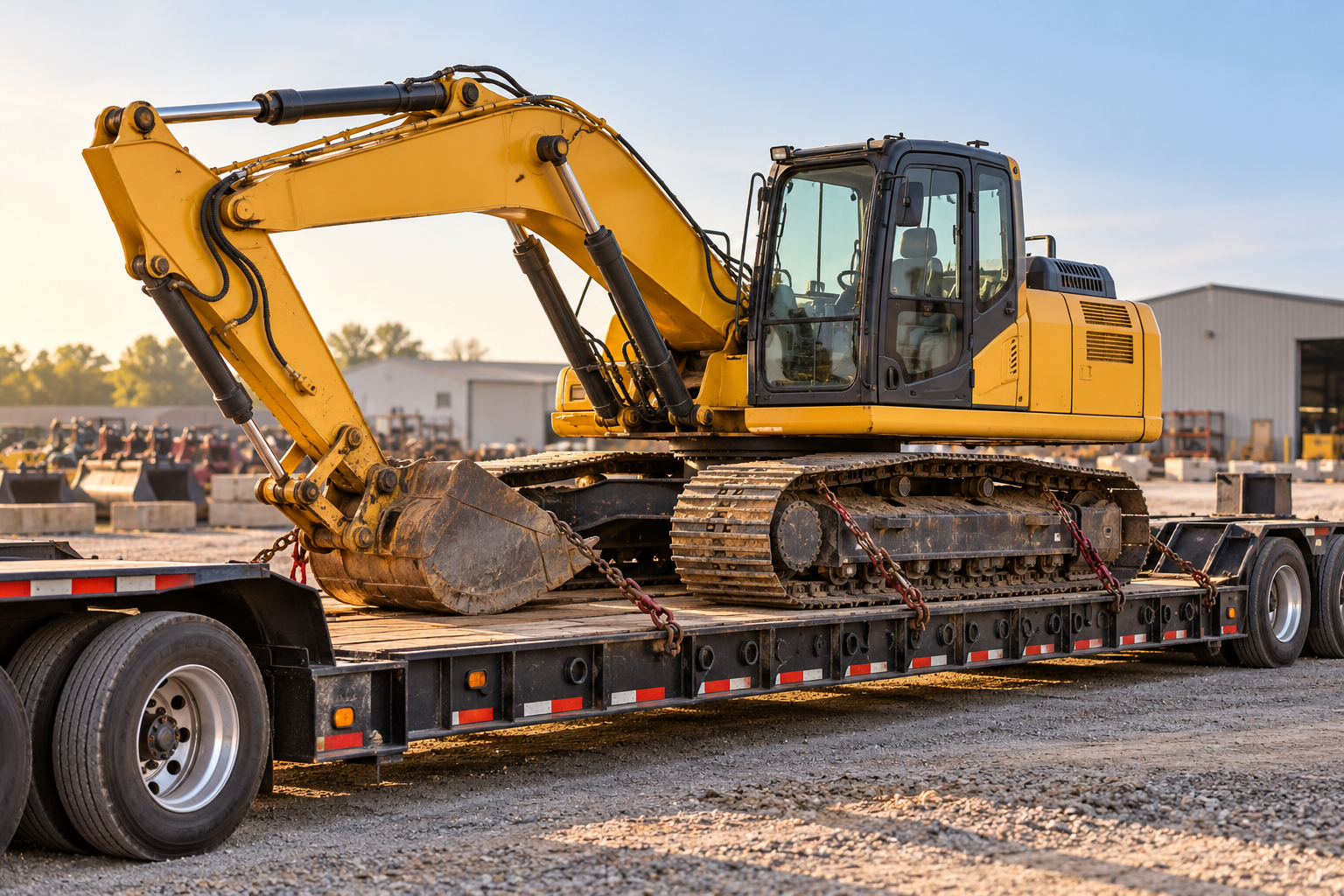 Yellow tracked excavator secured with chains on a lowboy trailer in an equipment yard.