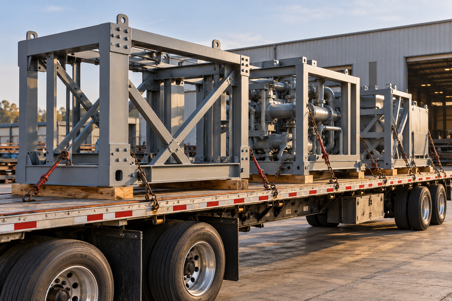 Gray steel industrial frames and piping assemblies secured with chains on a flatbed trailer.
