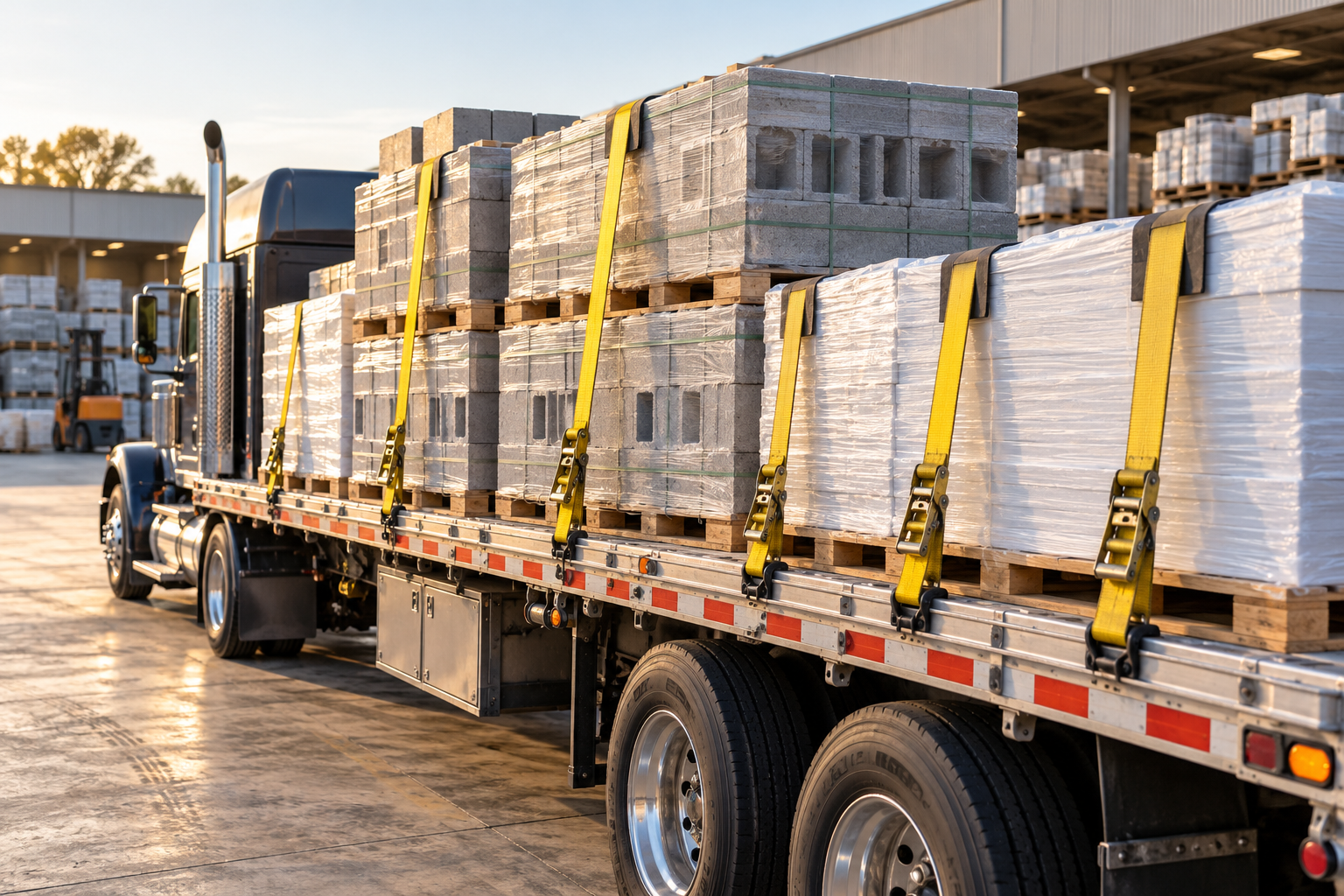 Pallets of concrete blocks and wrapped building panels secured with yellow straps on a flatbed trailer.