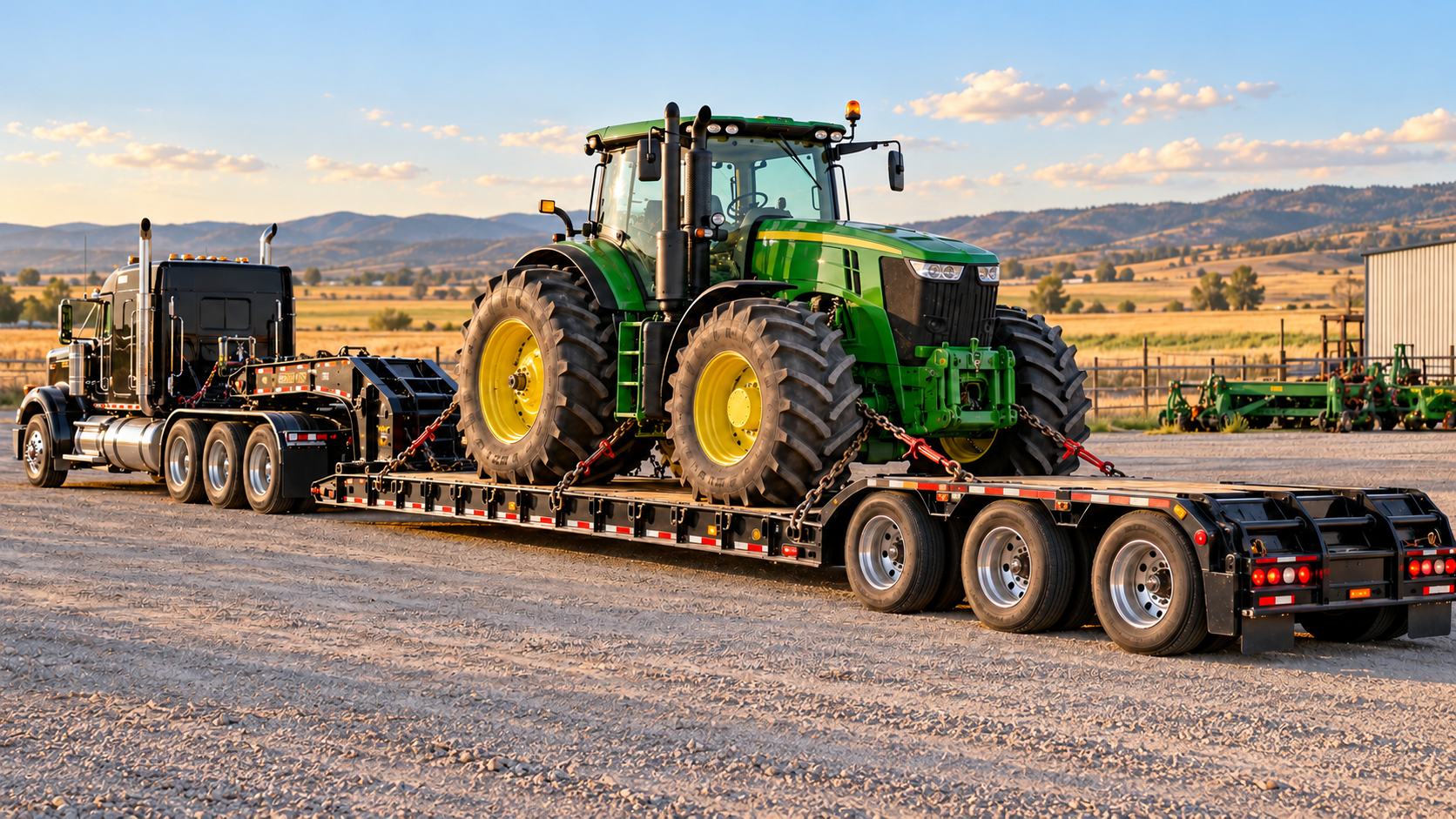 Large green agricultural tractor secured with chains on a lowboy trailer attached to a black semi truck.