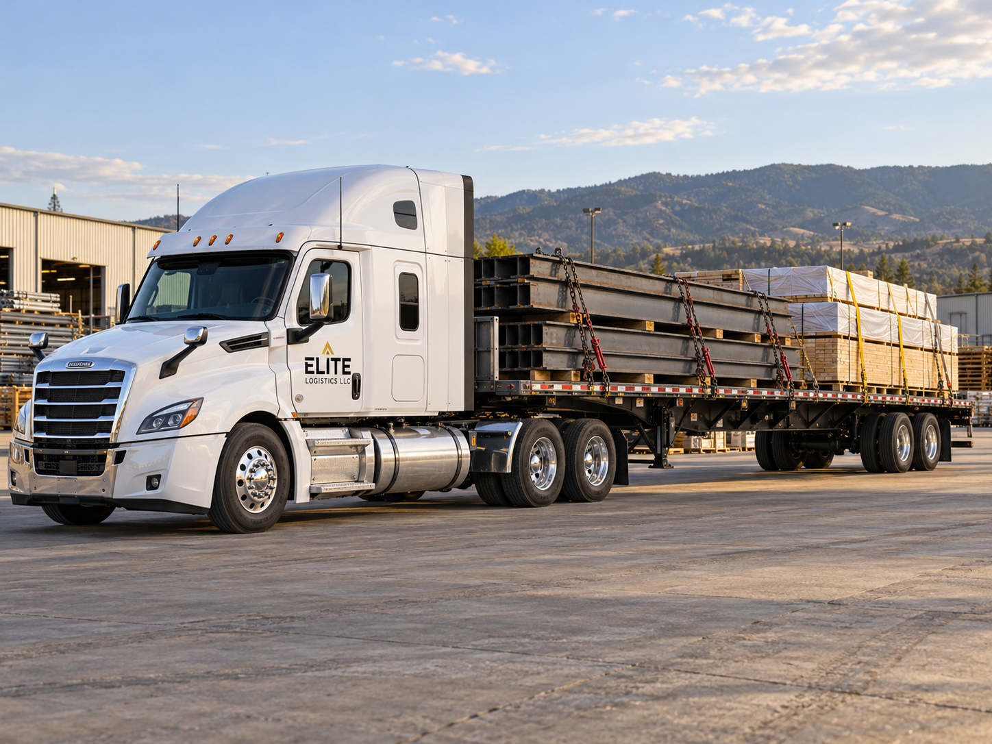 White Elite Logistics flatbed truck carrying secured steel beams and lumber bundles.