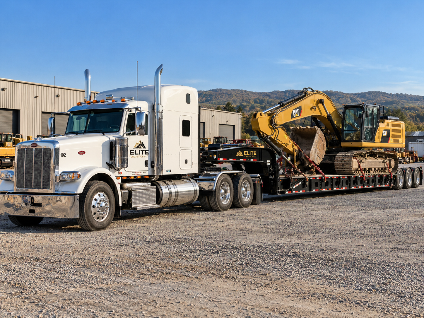 White Elite Logistics semi truck with a yellow tracked excavator secured on a lowboy trailer.