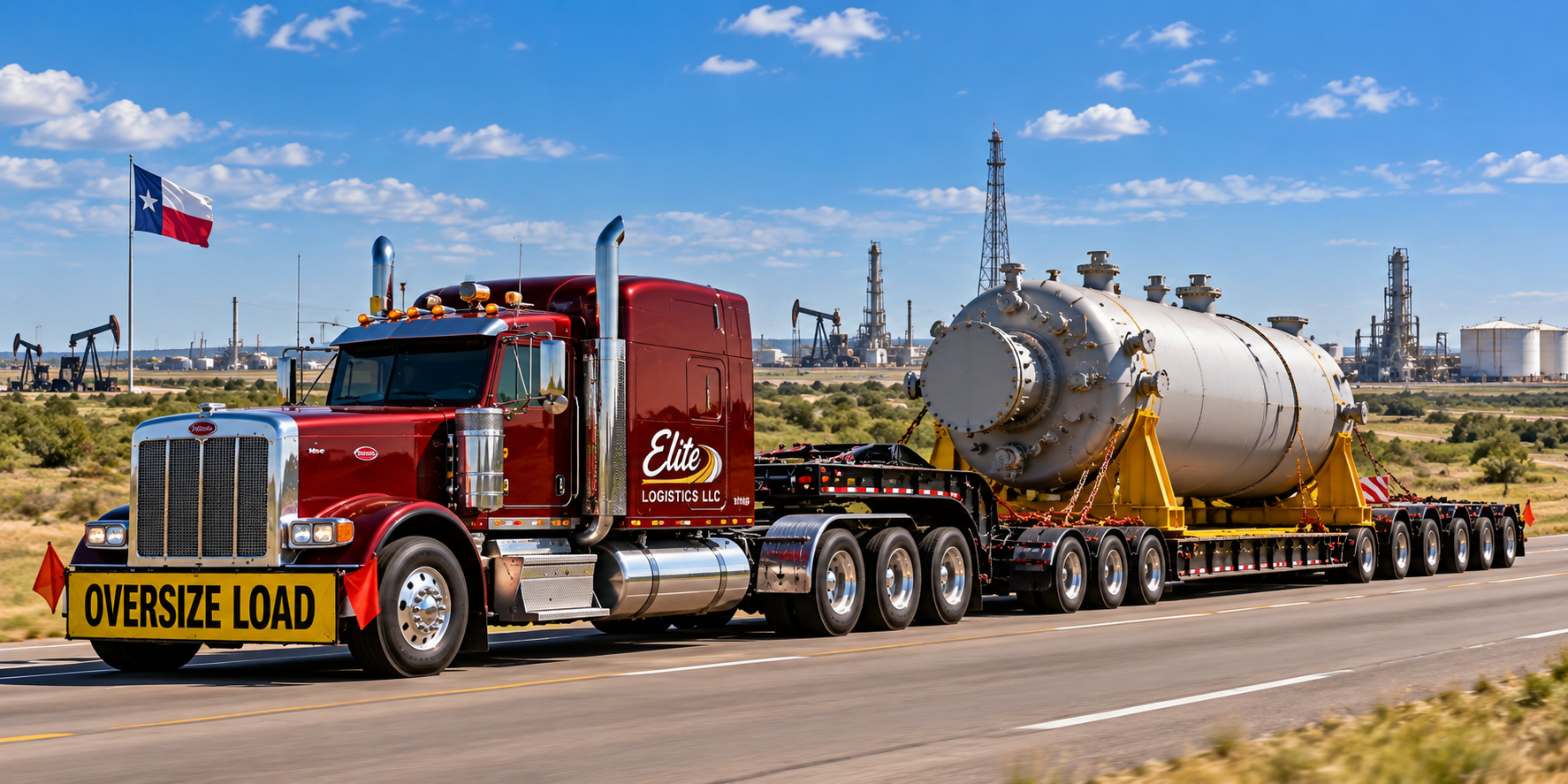 Elite Logistics red Peterbilt with oversize load banner hauling a large steel pressure vessel on a multi-axle trailer past Texas oilfield pump jacks and refinery towers