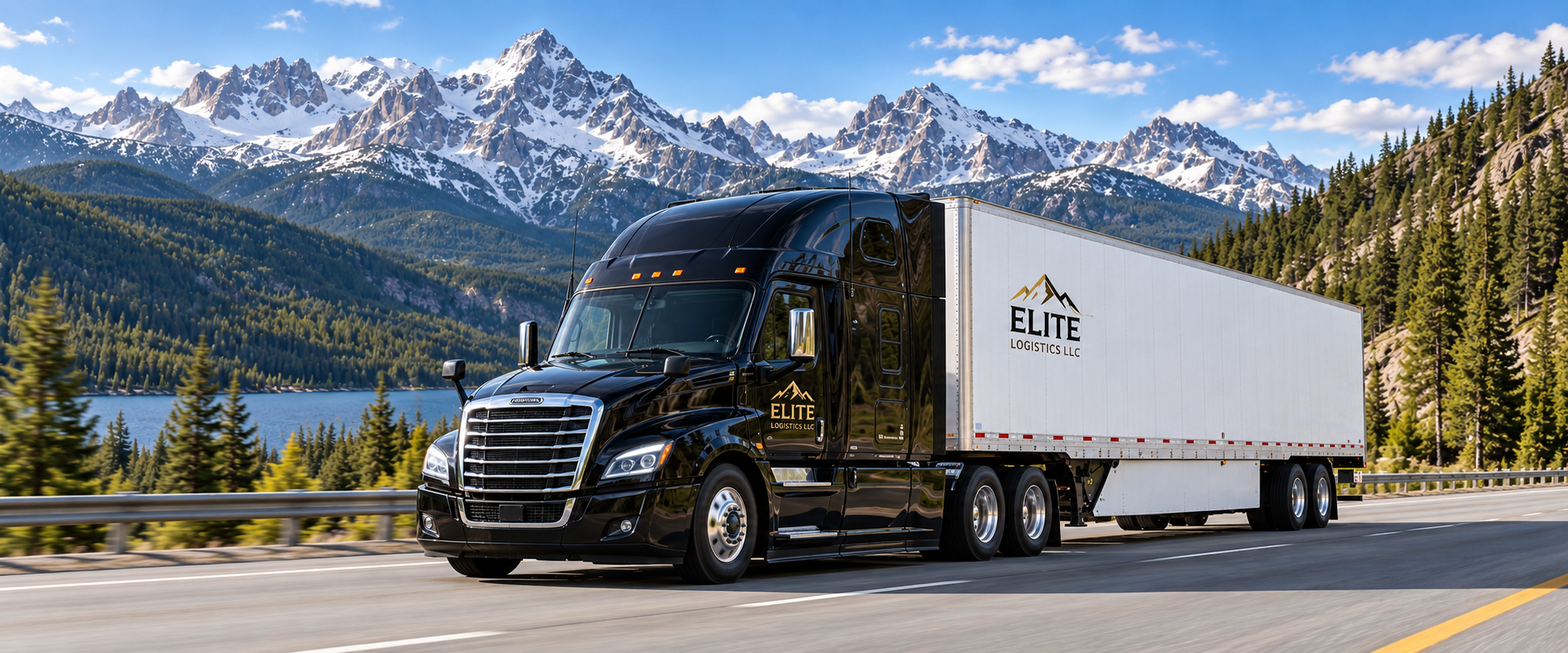 Black Elite Logistics semi truck hauling a white dry van trailer on a mountain highway beneath snow-capped peaks.