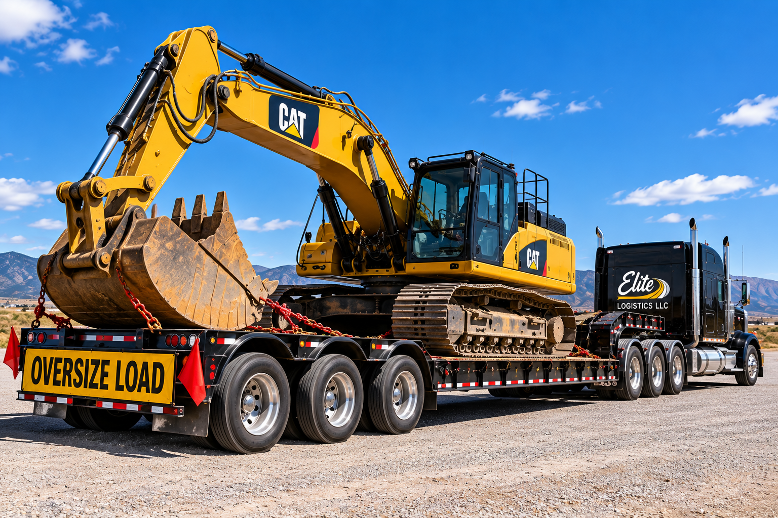 Rear view of a CAT excavator chained down on an Elite Logistics multi-axle lowboy trailer with an oversize load banner and red safety flags for excavator transport